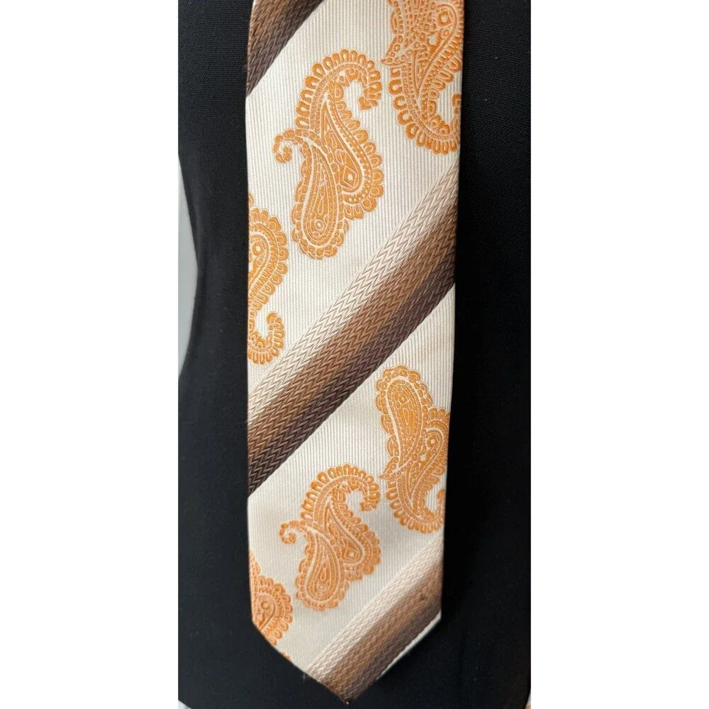 Karl Knox Bold Designer Necktie Orange Paisley Geometric Brown Cream Microfiber